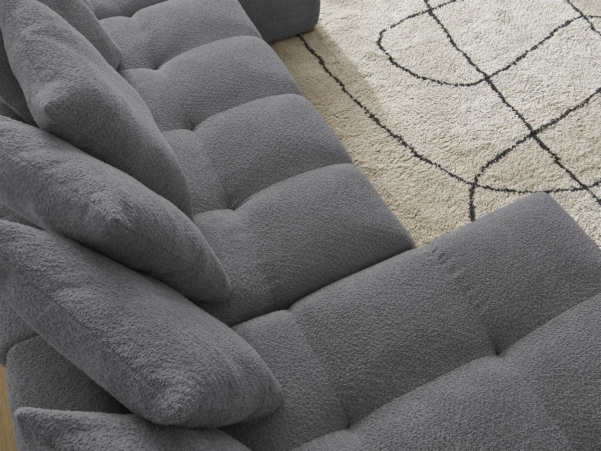 Bobochic Anakin Wohnlandschaft, Liegefläche 137 × 382 cm, 10 Kissen Bouclé-Stoff Dunkelgrau