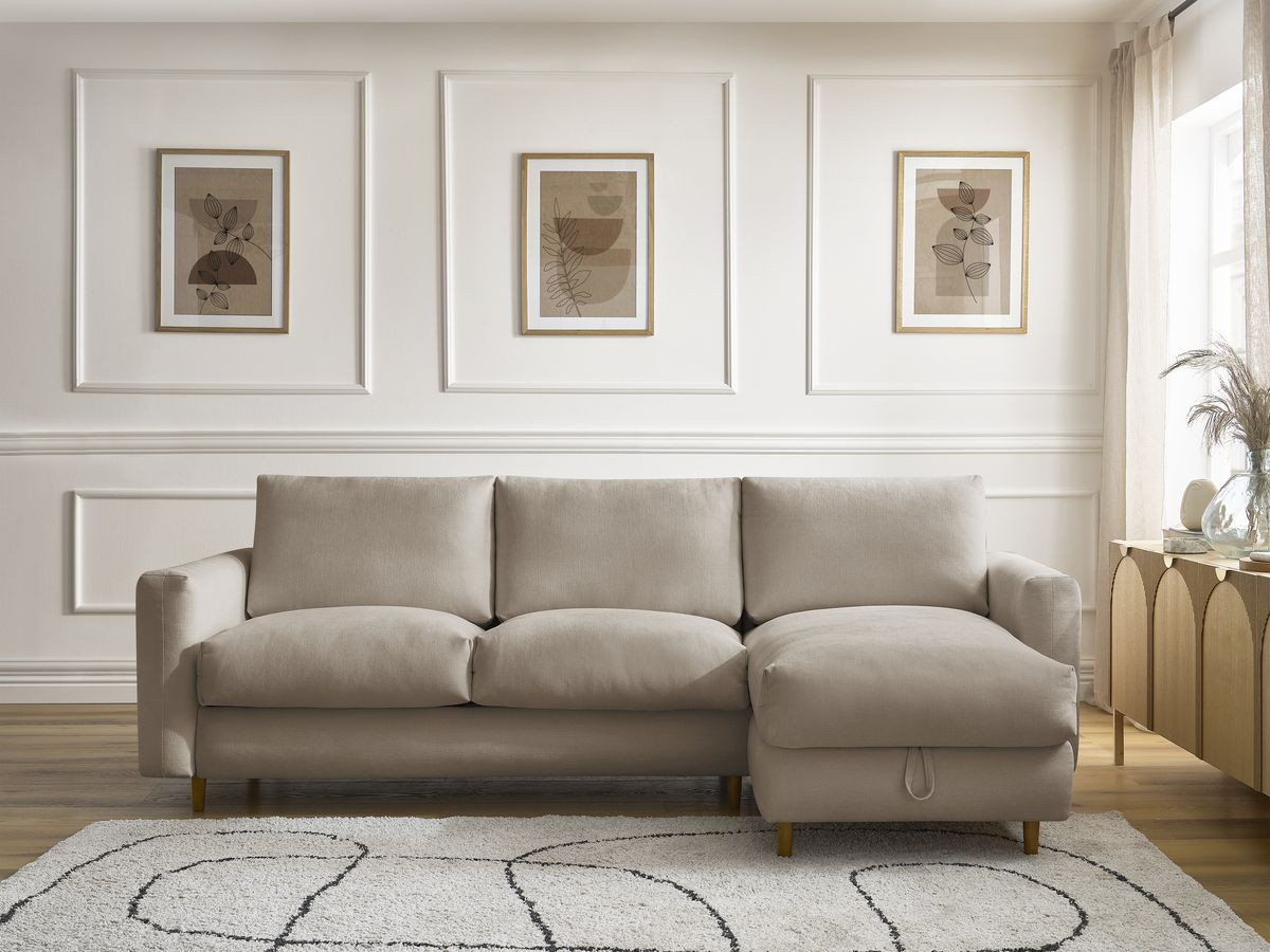 Bobochic Cocoone Ecksofa mit Schlaffunktion und Bettkasten Stoff Taupe, Liegefläche 140 × 200 cm
