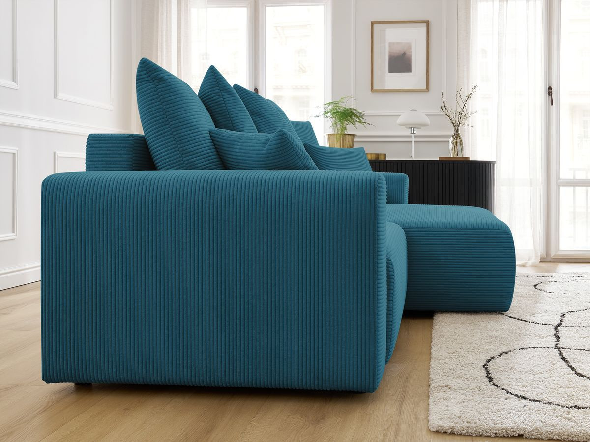 Bobochic Atilla Ecksofa mit Schlaffunktion und Bettkasten Cordsamt Hellblau Ecke rechts