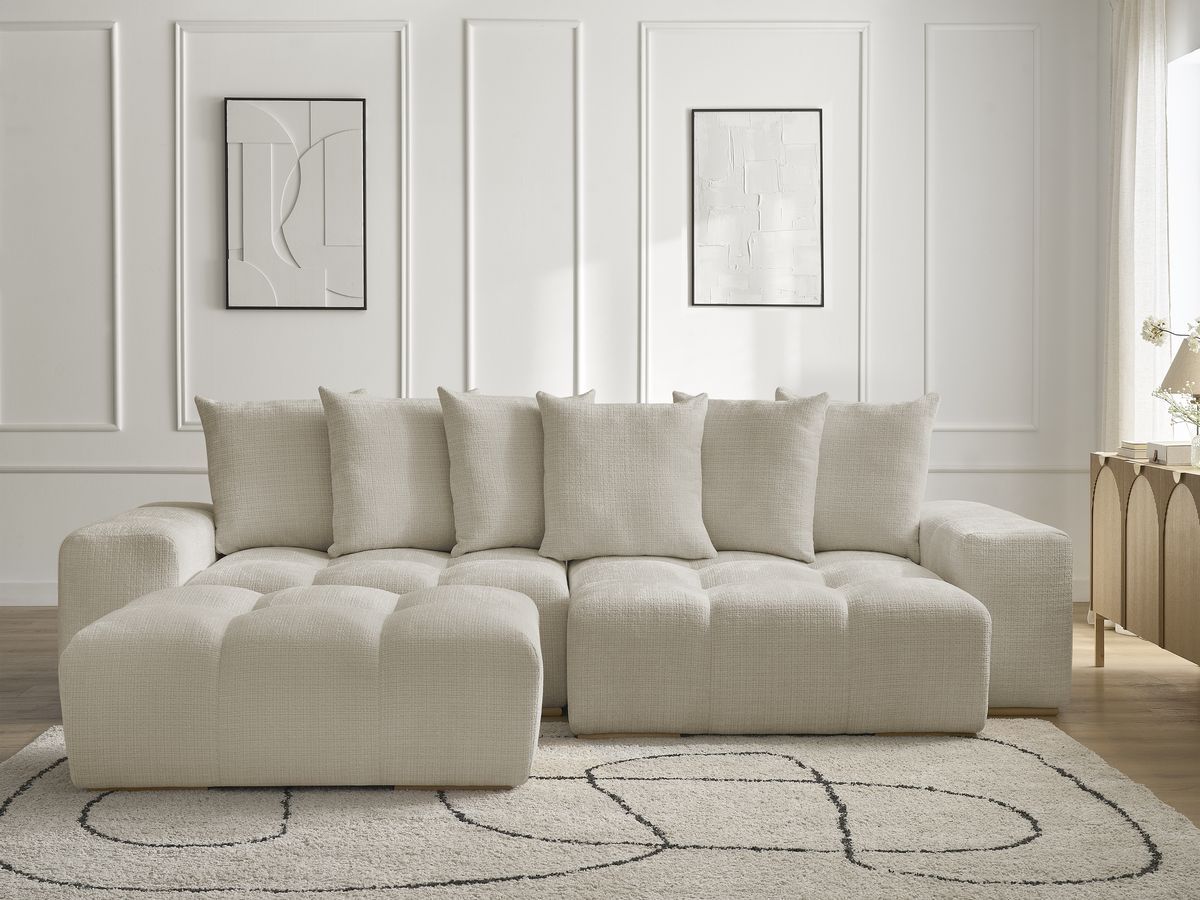 Bobochic Anakin Ecksofa mit Pouf, 6 Kissen Strukturstoff Beige
