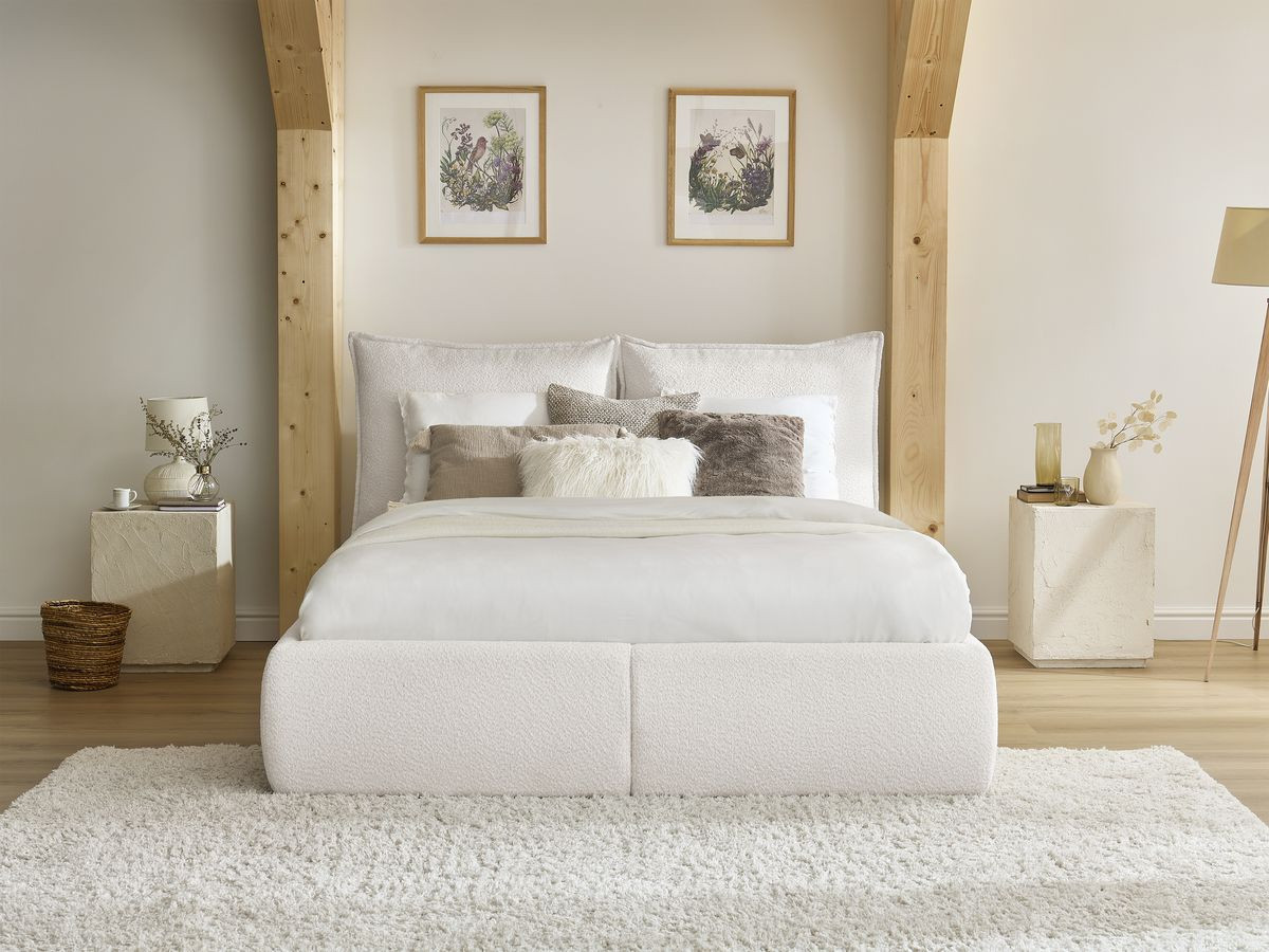 Bobochic Garance Polsterbett mit Bettkasten Bouclé-Stoff Weiß, Liegefläche 140 × 190 cm