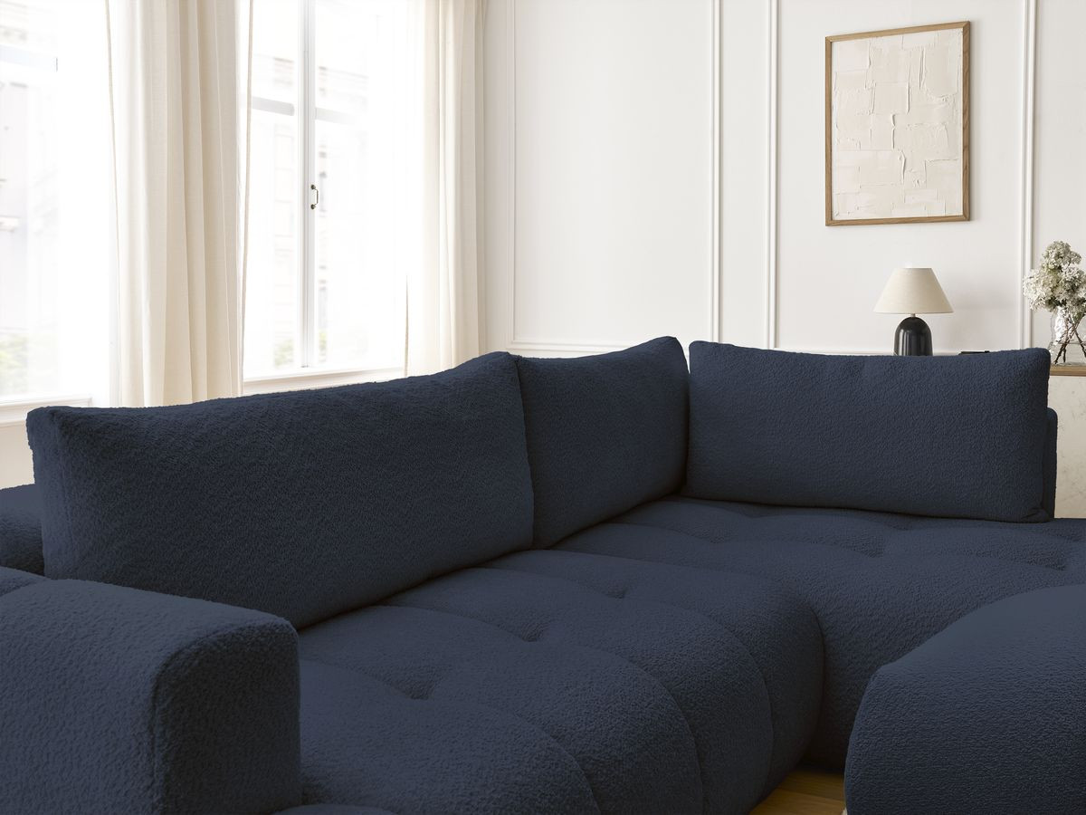 Bobochic Fuji Ecksofa mit Schlaffunktion und Bettkasten und Pouf 282 × 204 cm Bouclé-Stoff Dunkelblau Ecke rechts