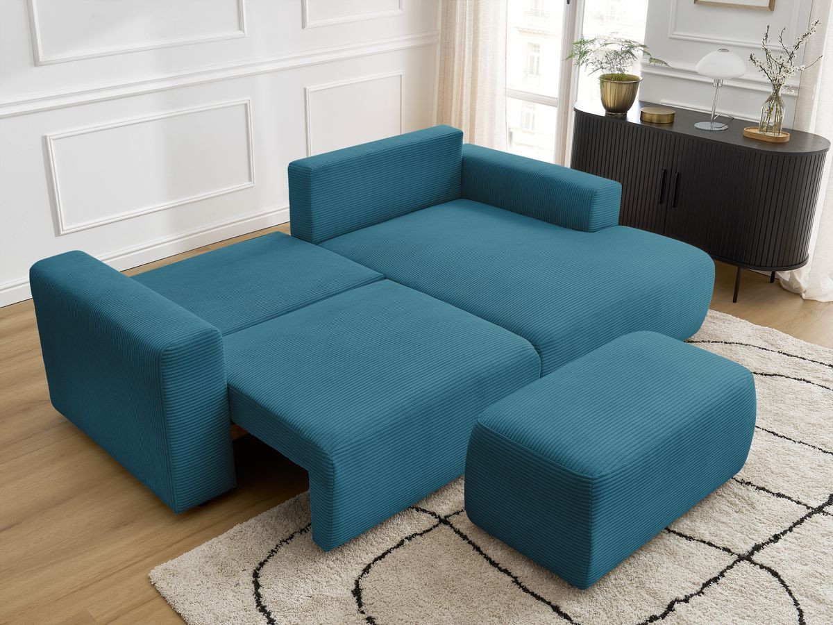 Bobochic Atilla Ecksofa mit Schlaffunktion und Bettkasten und Pouf Cordsamt Hellblau Ecke rechts