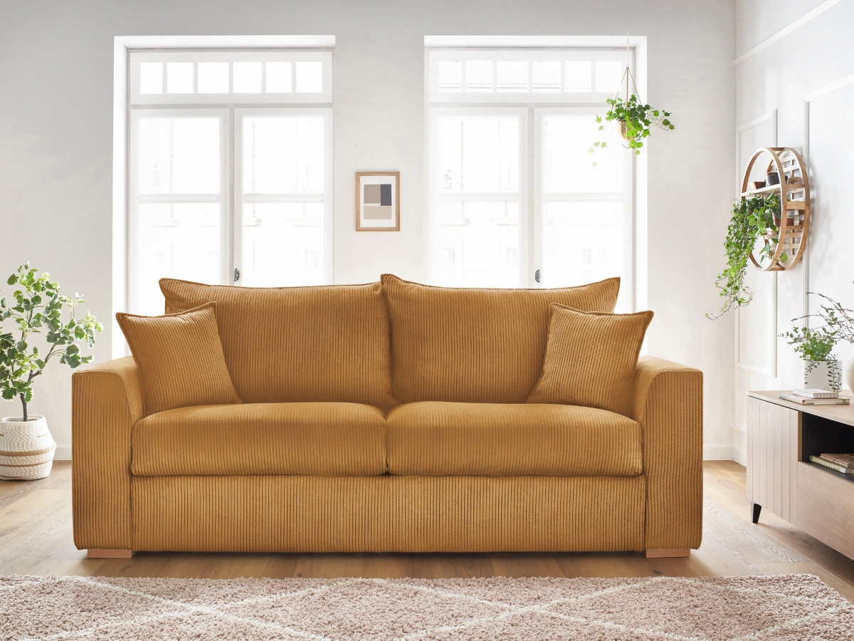 Bobochic Augustin Schlafsofa 3-Sitzer Cordsamt Gelb, Liegefläche 140 × 200 cm