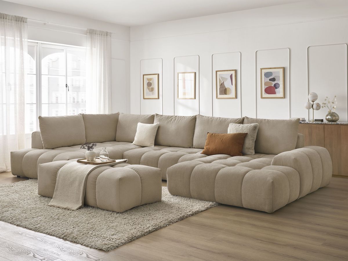 Bobochic Everest Wohnlandschaft mit Pouf, 6 Kissen Strukturstoff Taupe Ecke rechts