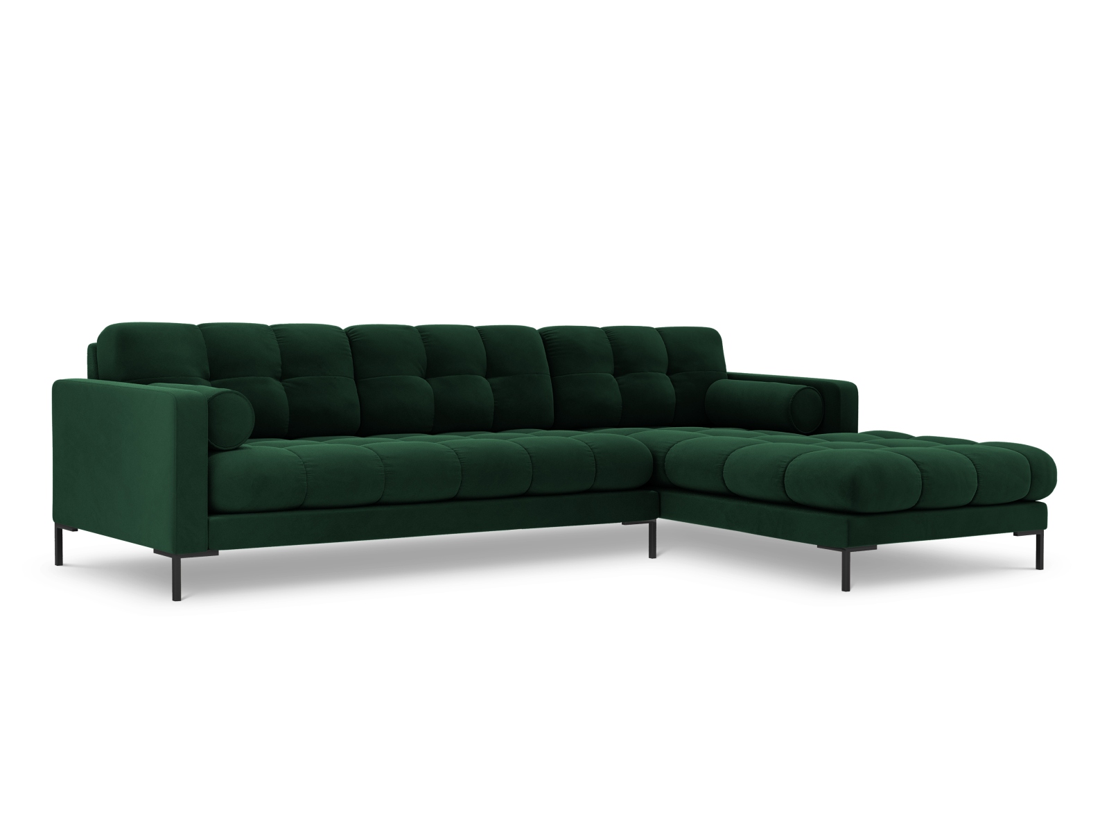 Cosmopolitan Design Ecksofa Bali 5-Sitzer Samt Bluvel Flaschengrün Rechts Beine Schwarzes Metall