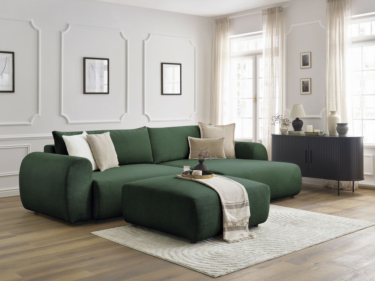 Bobochic Lucien Ecksofa mit Schlaffunktion und Bettkasten und Pouf 314 × 167 cm Stoff Grün Ecke rechts