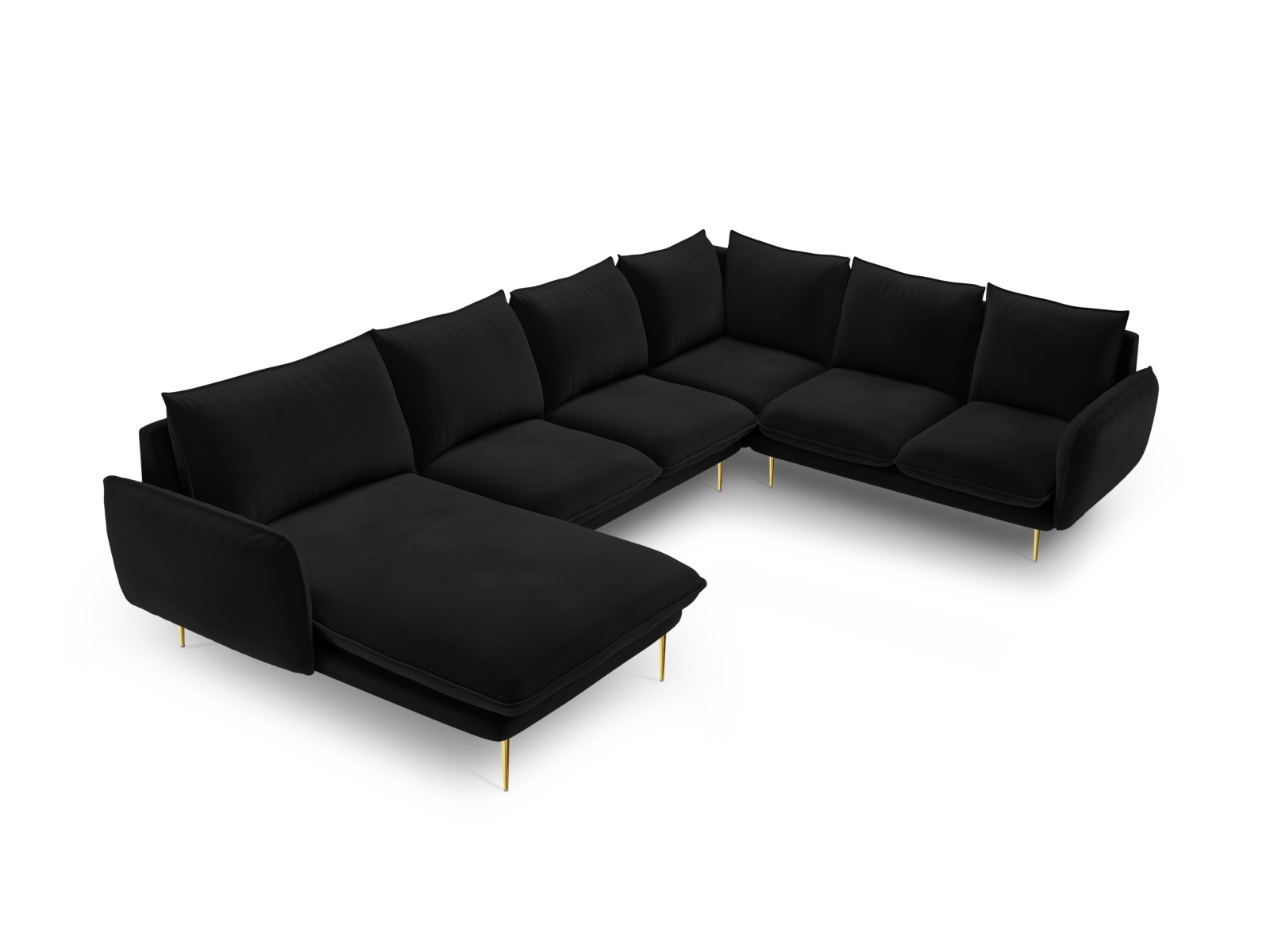 Cosmopolitan Design Panoramasofa Vienna 7-Sitzer Samt Bluvel Schwarz Rechts Beine Gold