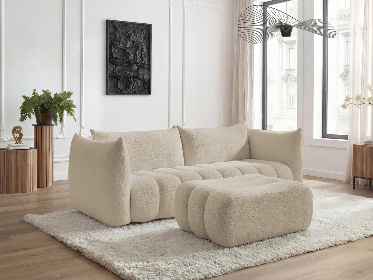 Bobochic Azra Sofa 4-Sitzer mit Pouf Bouclé-Stoff Beige