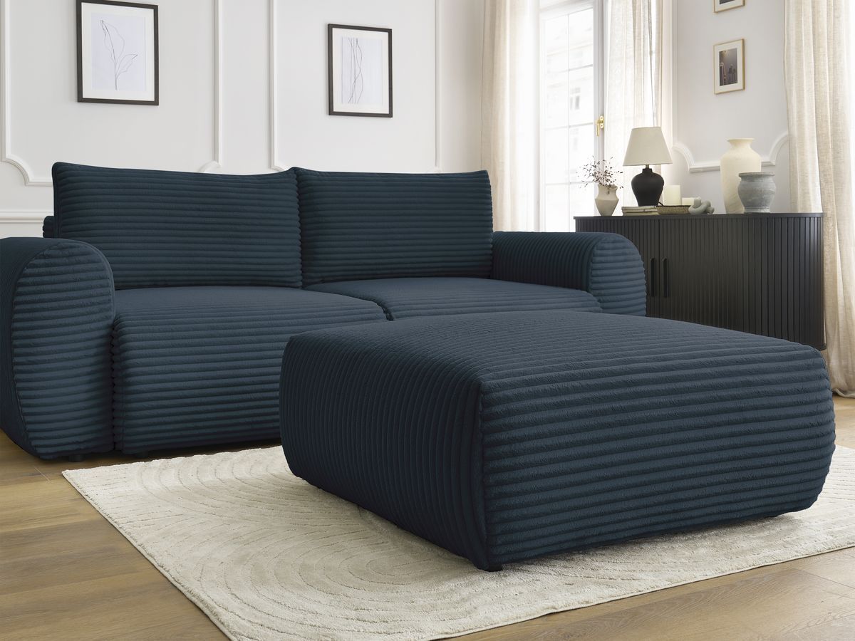 Bobochic Lucien Schlafsofa 4-Sitzer mit Bettkasten und Pouf Breitcord weich Dunkelblau