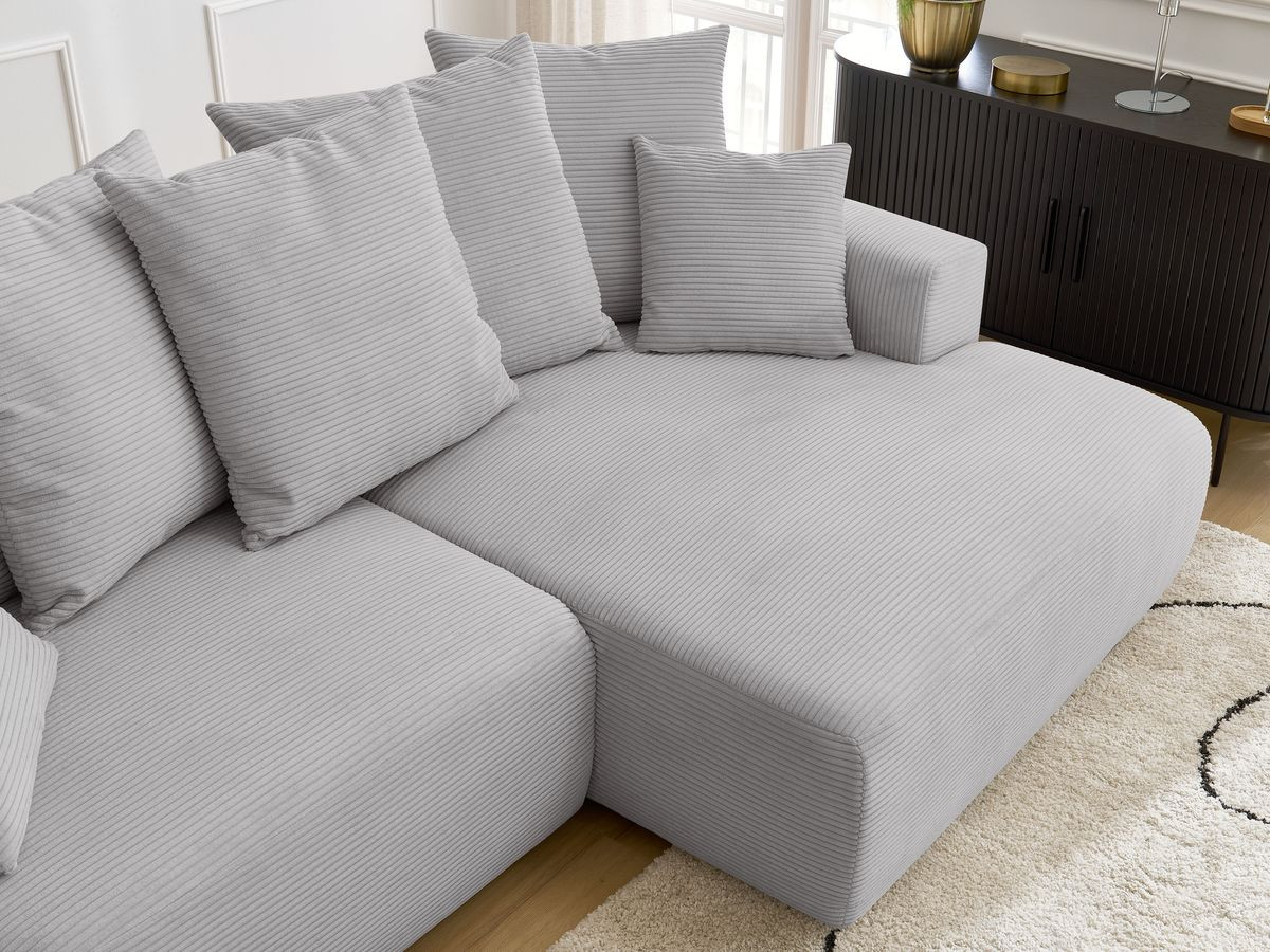 Bobochic Atilla Ecksofa mit Schlaffunktion und Bettkasten Cordsamt Hellgrau Ecke rechts