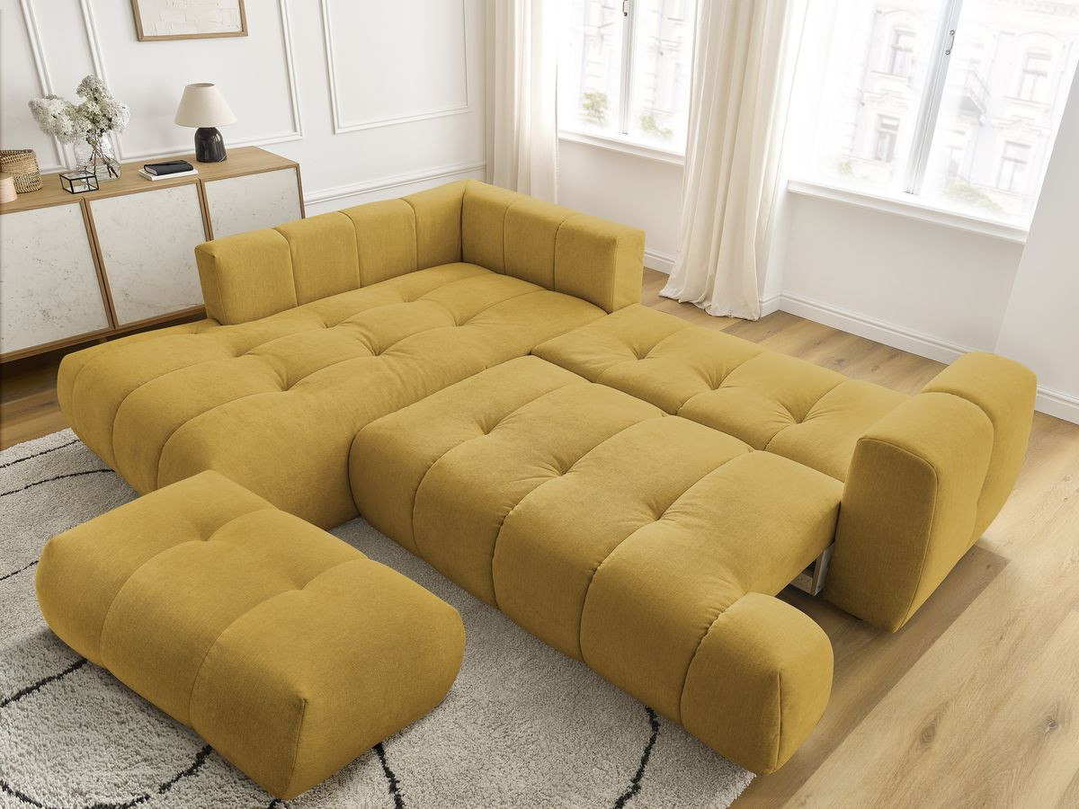 Bobochic Fuji Ecksofa mit Schlaffunktion und Bettkasten und Pouf 282 × 204 cm Stoff Gelb Ecke links