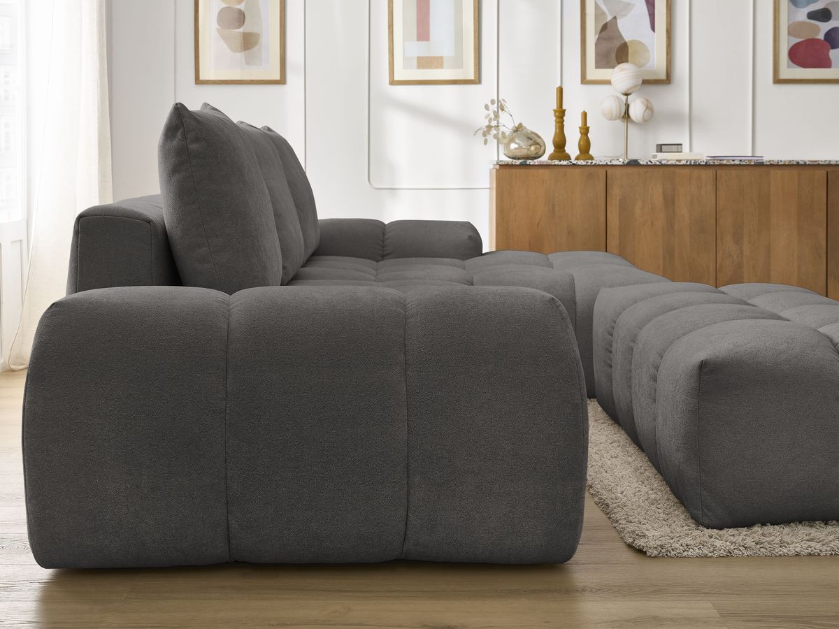 Bobochic Everest Ecksofa mit Schlaffunktion und Bettkasten und Pouf 318 × 180 cm, 3 Kissen Strukturstoff Dunkelgrau Ecke rechts