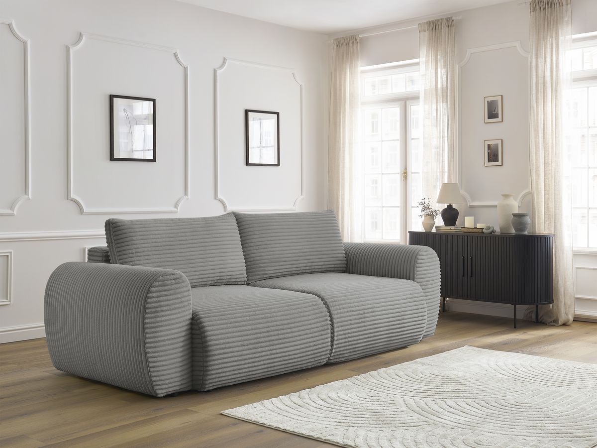 Bobochic Lucien Schlafsofa 3-Sitzer mit Bettkasten Breitcord weich Dunkelgrau