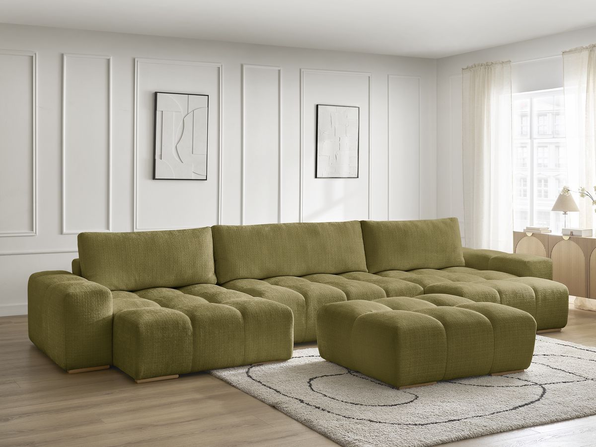 Bobochic Anakin Wohnlandschaft mit Pouf, 3 Kissen Strukturstoff Grün