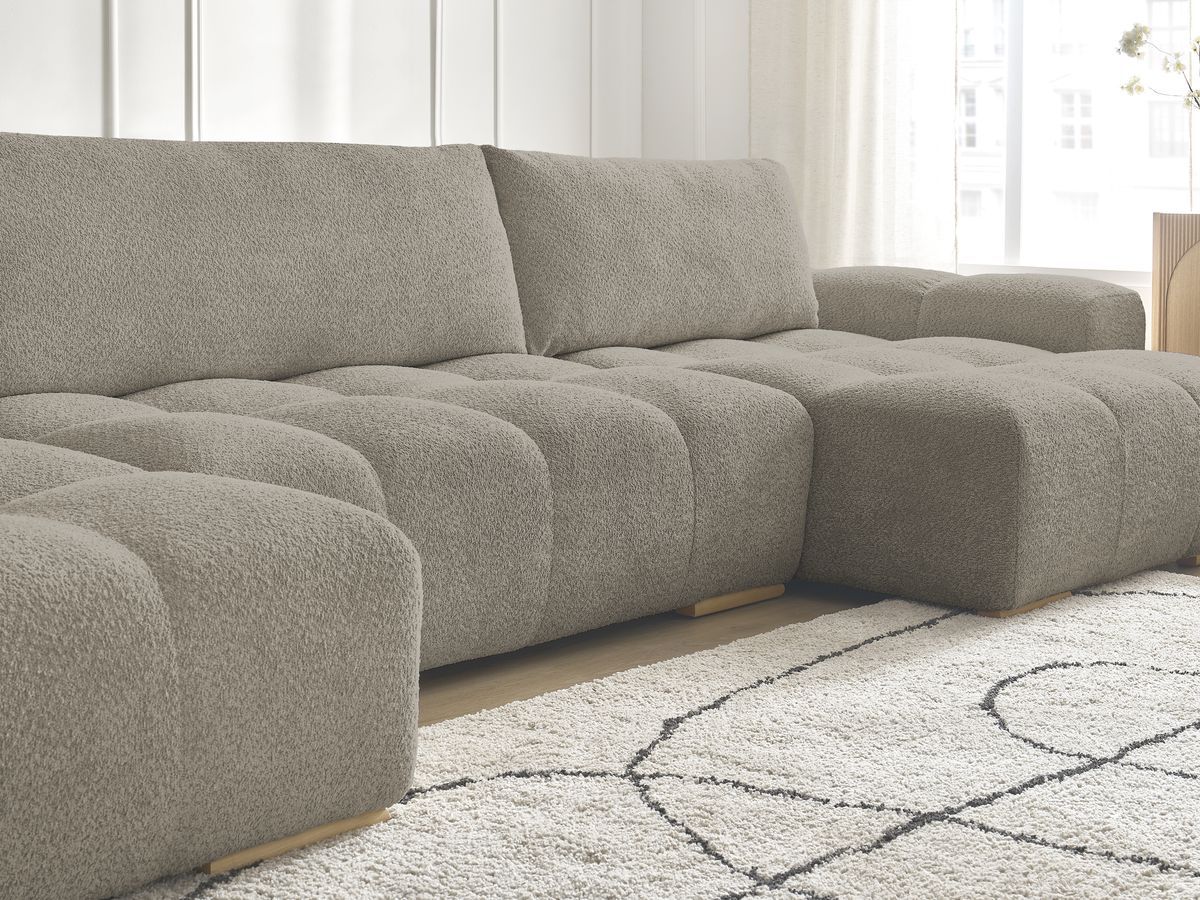 Bobochic Anakin Wohnlandschaft mit Pouf, Liegefläche 137 × 382 cm, 3 Kissen Bouclé-Stoff Taupe