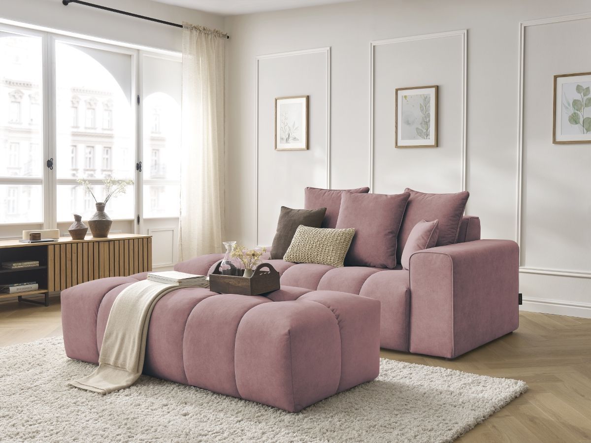 Bobochic Mont-blanc Sofa 5-Sitzer mit Pouf Samt Rosa Armlehne rechts