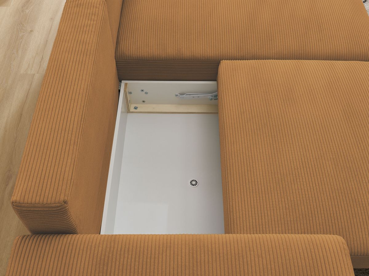 Bobochic Atilla Ecksofa mit Schlaffunktion und Bettkasten Cordsamt Gelb Ecke rechts