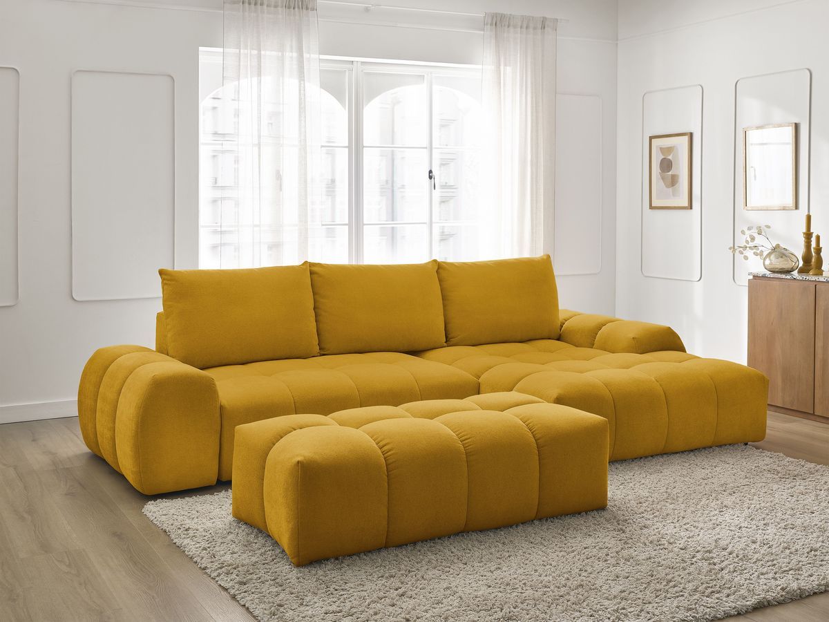 Bobochic Everest Ecksofa mit Schlaffunktion und Bettkasten und Pouf 318 × 180 cm, 3 Kissen Strukturstoff Gelb Ecke rechts