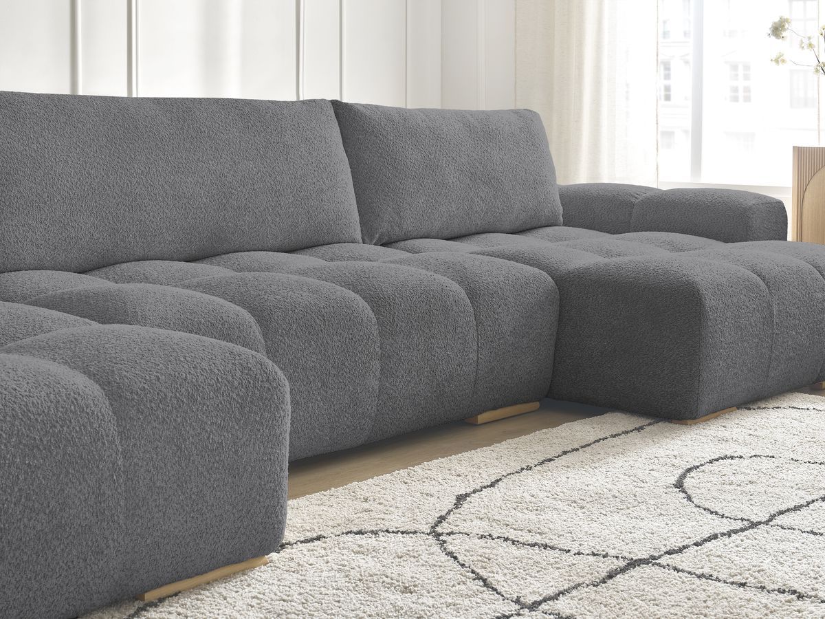 Bobochic Anakin Wohnlandschaft, Liegefläche 137 × 382 cm, 3 Kissen Bouclé-Stoff Dunkelgrau