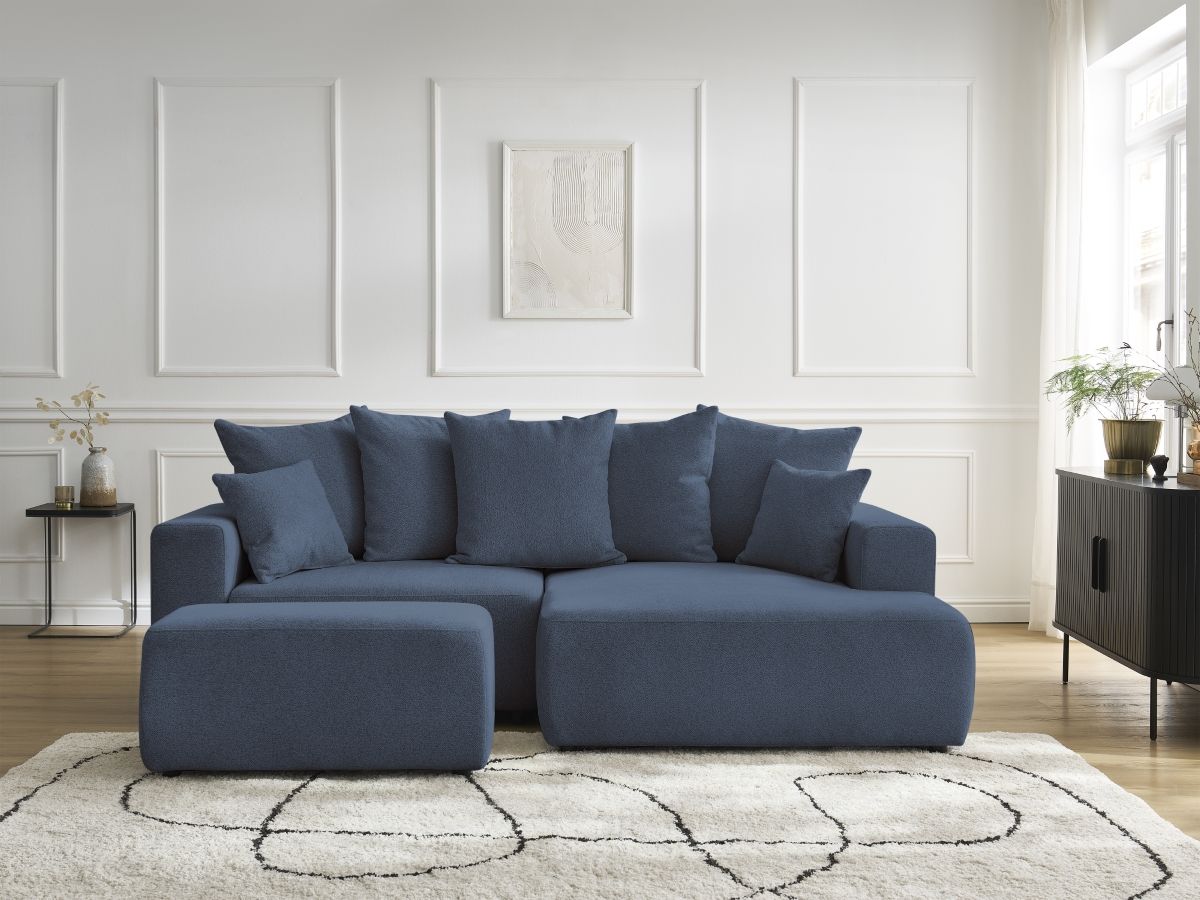 Bobochic Atilla Ecksofa mit Schlaffunktion und Bettkasten und Pouf Melange-Stoff Blau Ecke rechts