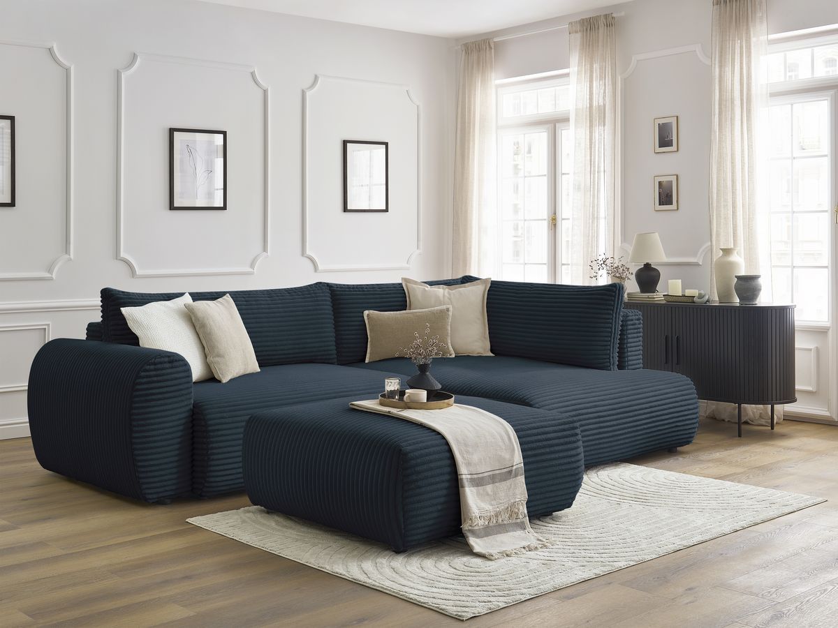 Bobochic Lucien Ecksofa mit Schlaffunktion und Bettkasten und Pouf 296 × 198 cm Breitcord weich Dunkelblau Ecke rechts