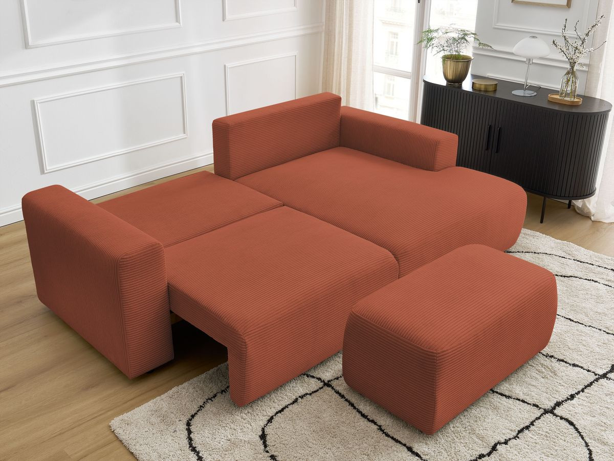 Bobochic Atilla Ecksofa mit Schlaffunktion und Bettkasten und Pouf Cordsamt Orange Ecke rechts