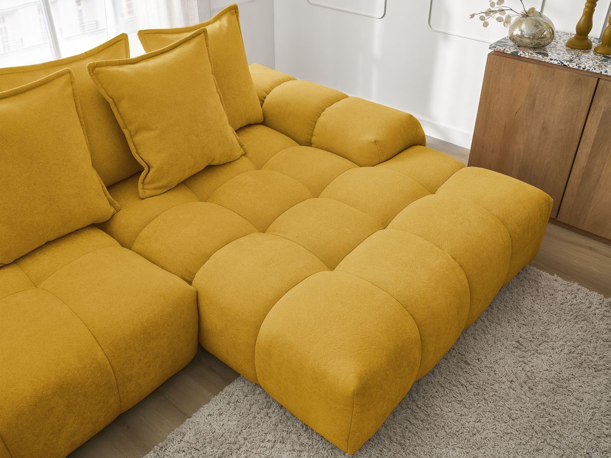 Bobochic Everest Ecksofa mit Schlaffunktion und Bettkasten 318 × 180 cm, 7 Kissen Strukturstoff Gelb Ecke rechts