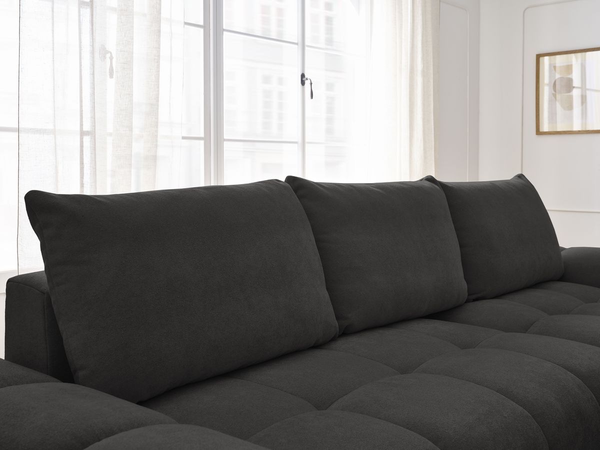 Bobochic Everest Ecksofa mit Schlaffunktion und Bettkasten und Pouf 318 × 180 cm, 3 Kissen Strukturstoff Schwarz Ecke rechts