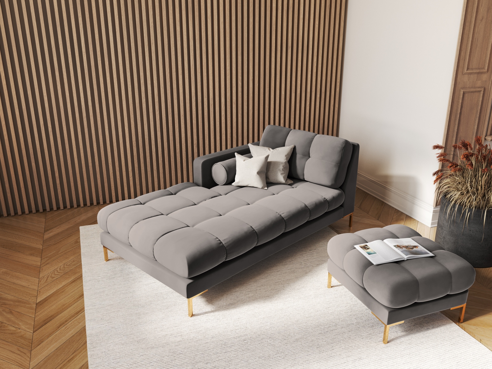 Cosmopolitan Design Chaiselongue Bali Samt Bluvel Hellgrau Links Beine Gold