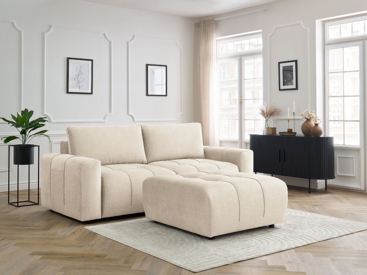 Bobochic Arsene Schlafsofa 4-Sitzer mit Bettkasten und Pouf Samt Beige