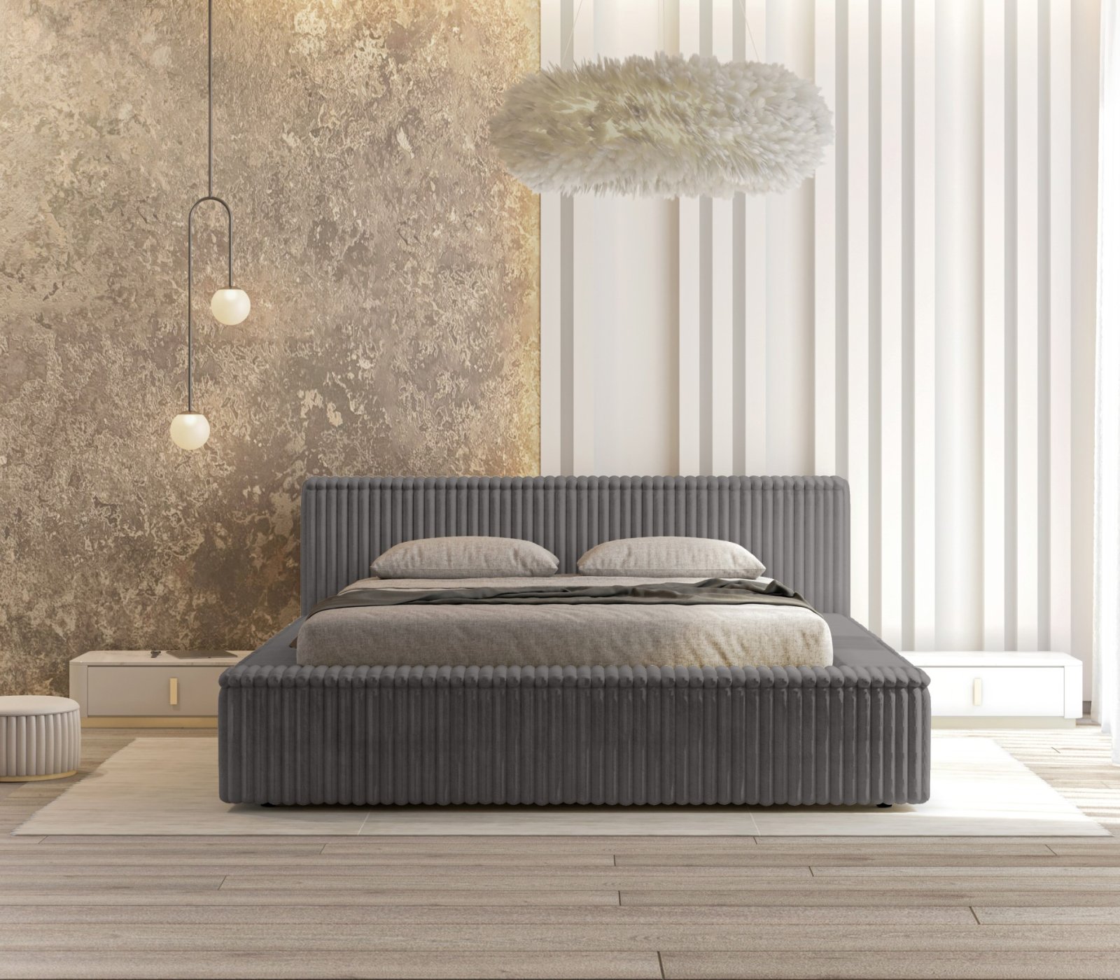 Polsterbett Lento Softcord mit Fellstruktur 140x200 mit Metallrahmen Vito 16
