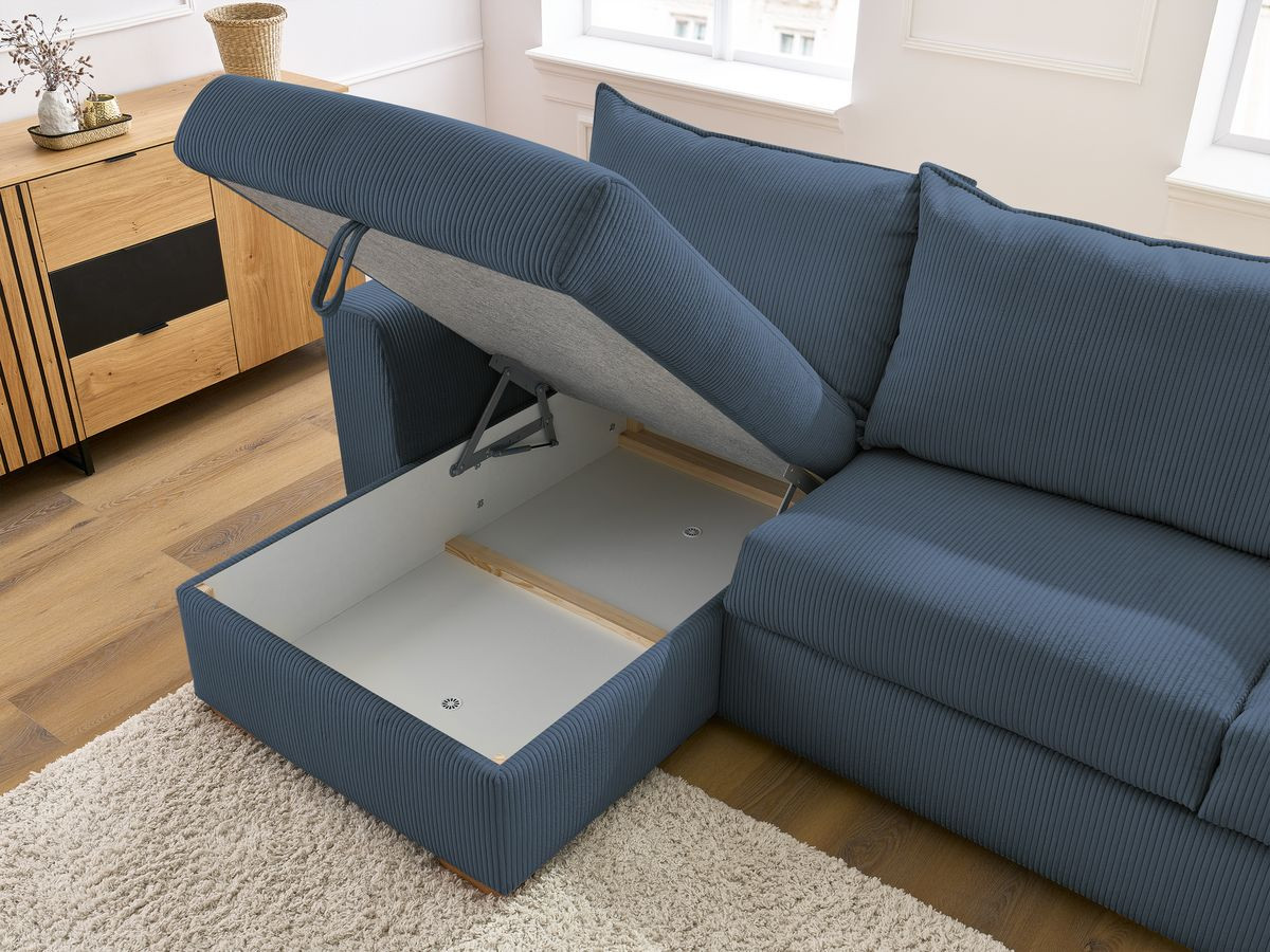 Bobochic Augustin Ecksofa mit Schlaffunktion und Bettkasten Cordsamt Dunkelblau, Liegefläche 160 × 200 cm