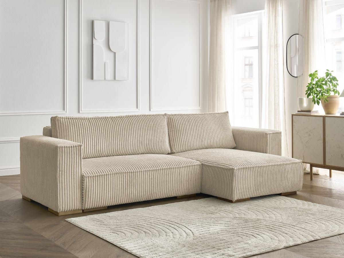 Bobochic Chelsea Ecksofa mit Schlaffunktion und Bettkasten Breitcord weich Taupe