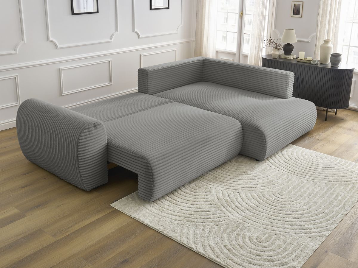 Bobochic Lucien Ecksofa mit Schlaffunktion und Bettkasten 296 × 198 cm Breitcord weich Dunkelgrau Ecke rechts