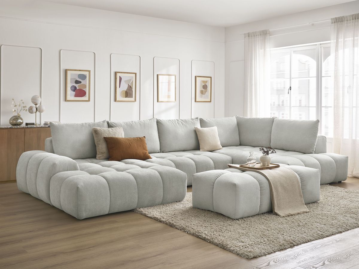 Bobochic Everest Wohnlandschaft mit Pouf, 6 Kissen Strukturstoff Hellgrau Ecke links