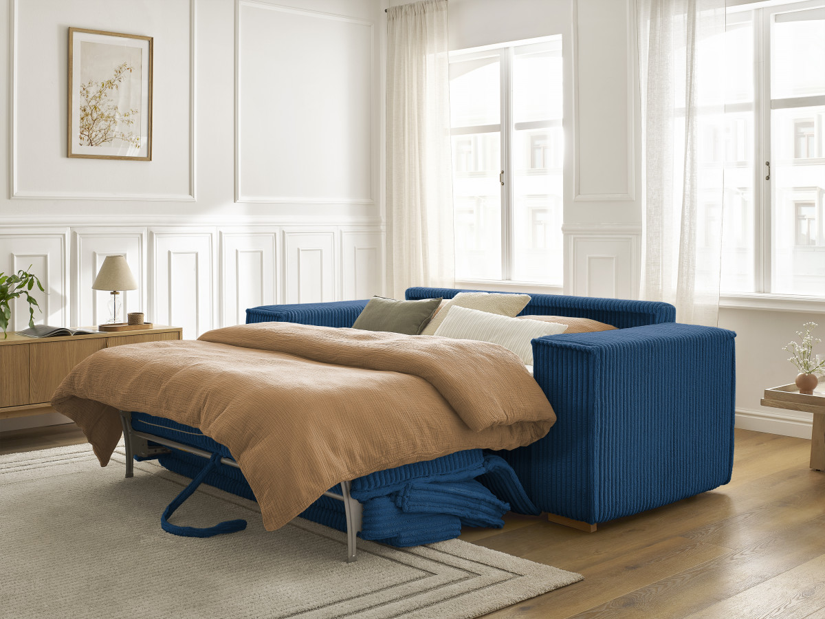 Bobochic Chelsea Schlafsofa 3-Sitzer Cordsamt Dunkelblau, Liegefläche 160 × 200 cm