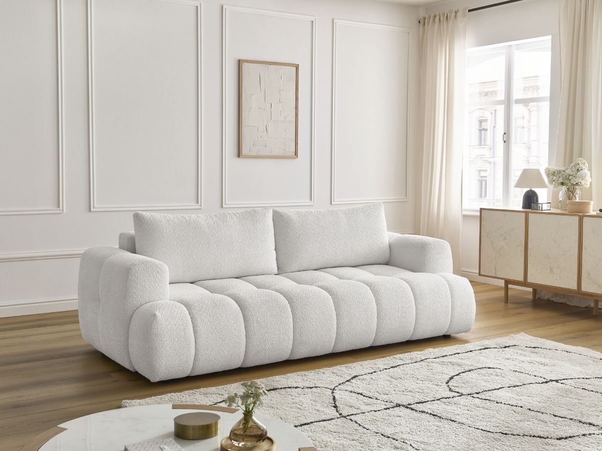 Bobochic Fuji Schlafsofa 3-Sitzer mit Bettkasten Bouclé-Stoff Weiß