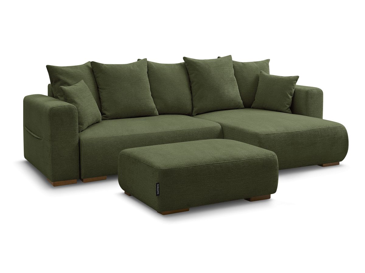 Bobochic Sidonie Ecksofa mit Schlaffunktion und Bettkasten und Pouf Melange-Stoff Grün