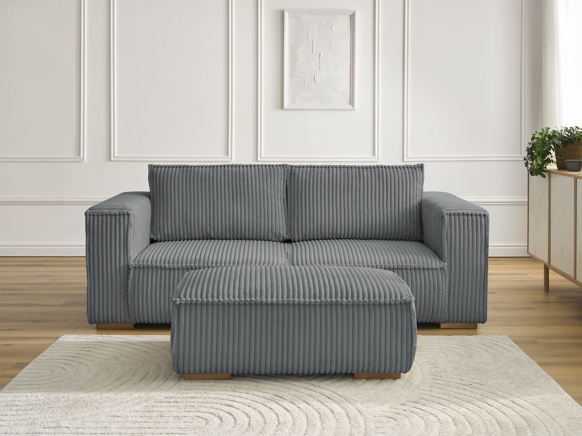Bobochic Chelsea Sofa 3-Sitzer mit Pouf Breitcord weich Dunkelgrau