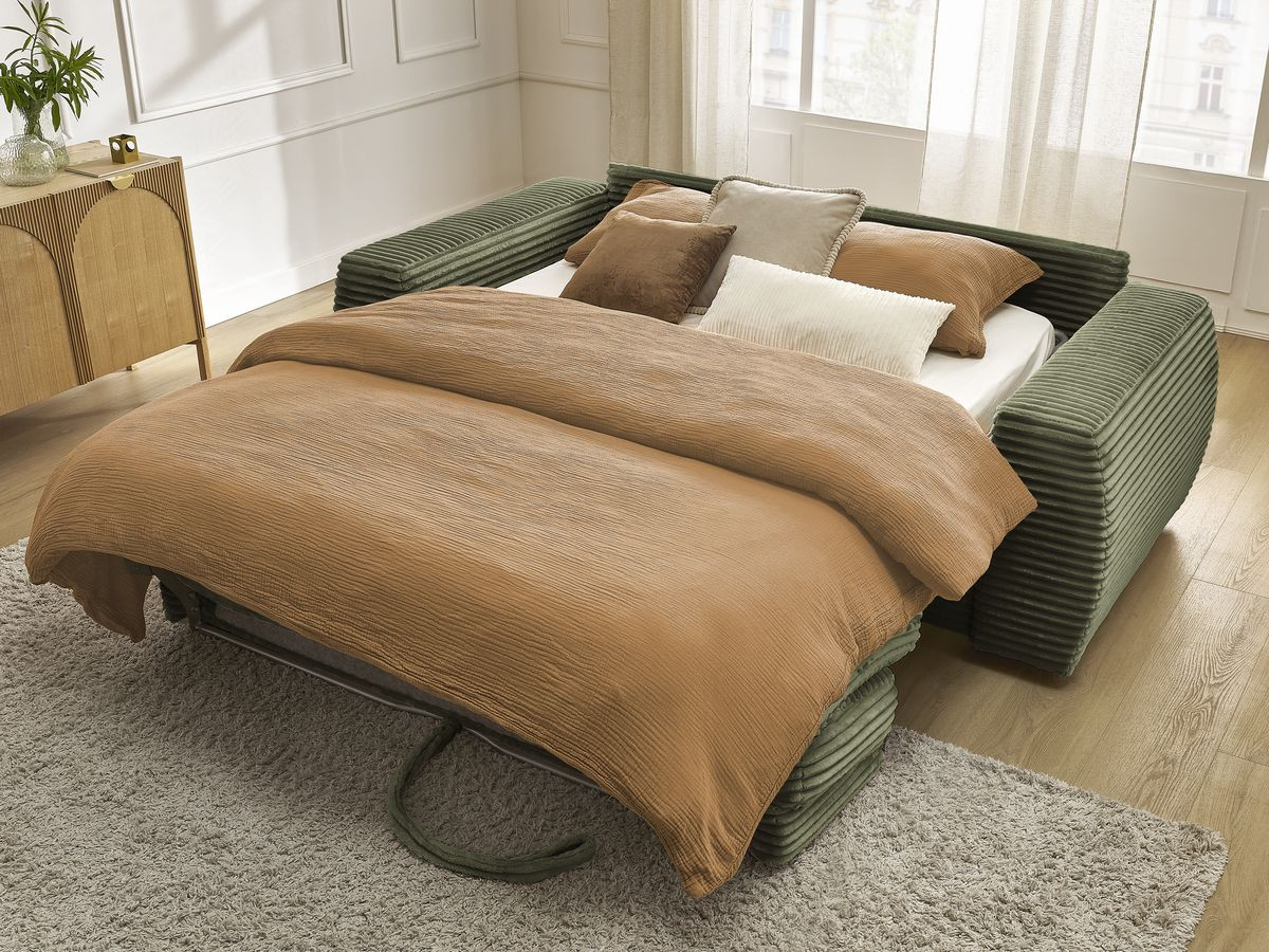Bobochic Hugo Schlafsofa 3-Sitzer Cordsamt Grün, Liegefläche 140 × 190 cm