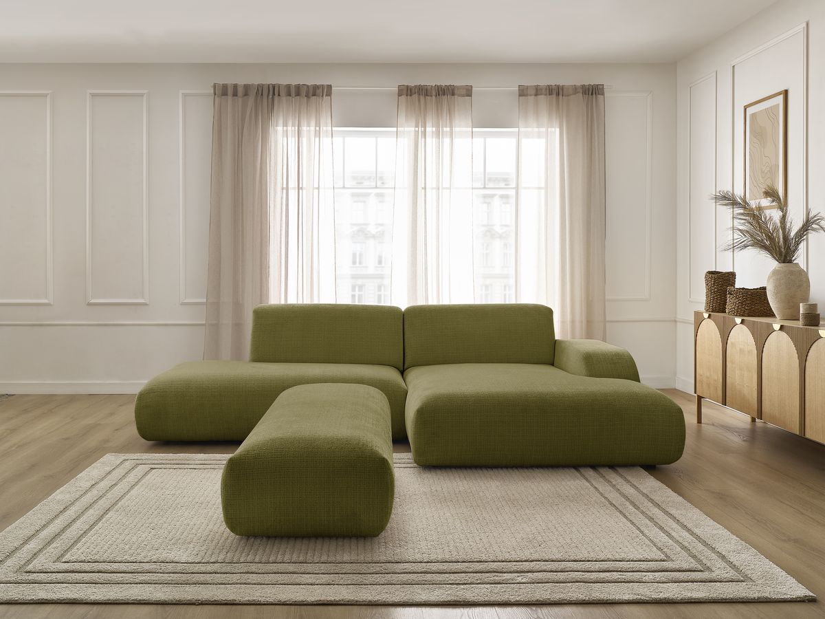 Bobochic Sirius Ecksofa mit Pouf 300 × 170 cm Strukturstoff Grün Ecke rechts
