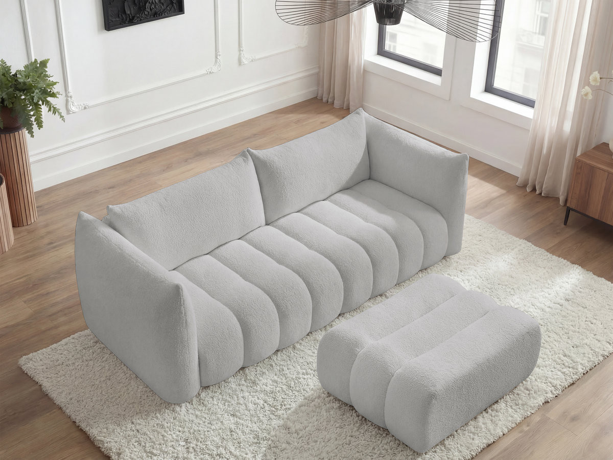 Bobochic Azra Sofa 4-Sitzer mit Pouf Bouclé-Stoff Hellgrau