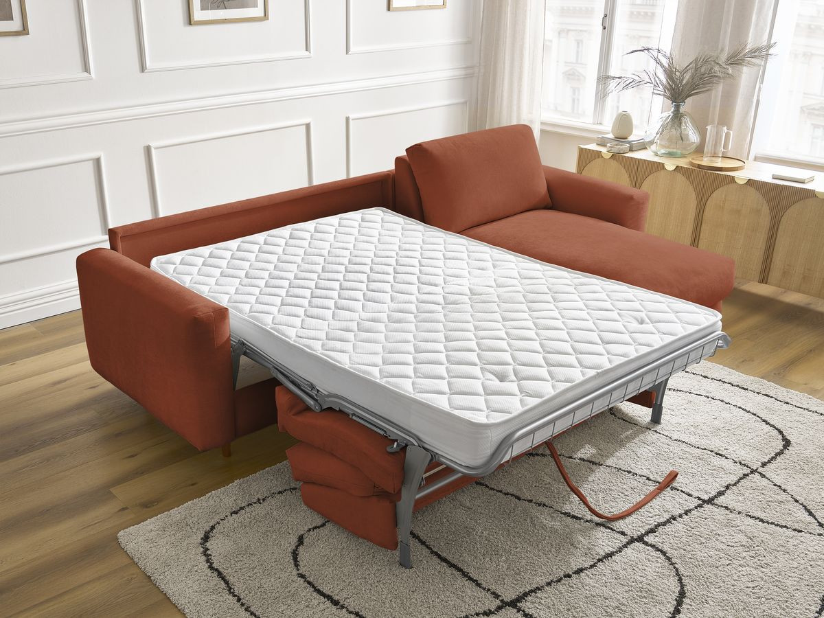 Bobochic Cocoone Ecksofa mit Schlaffunktion und Bettkasten Stoff Orange, Liegefläche 140 × 200 cm