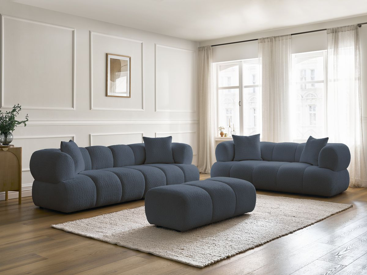 Bobochic Pamira Sofa 5-Sitzer mit Pouf Bouclé-Stoff Dunkelblau