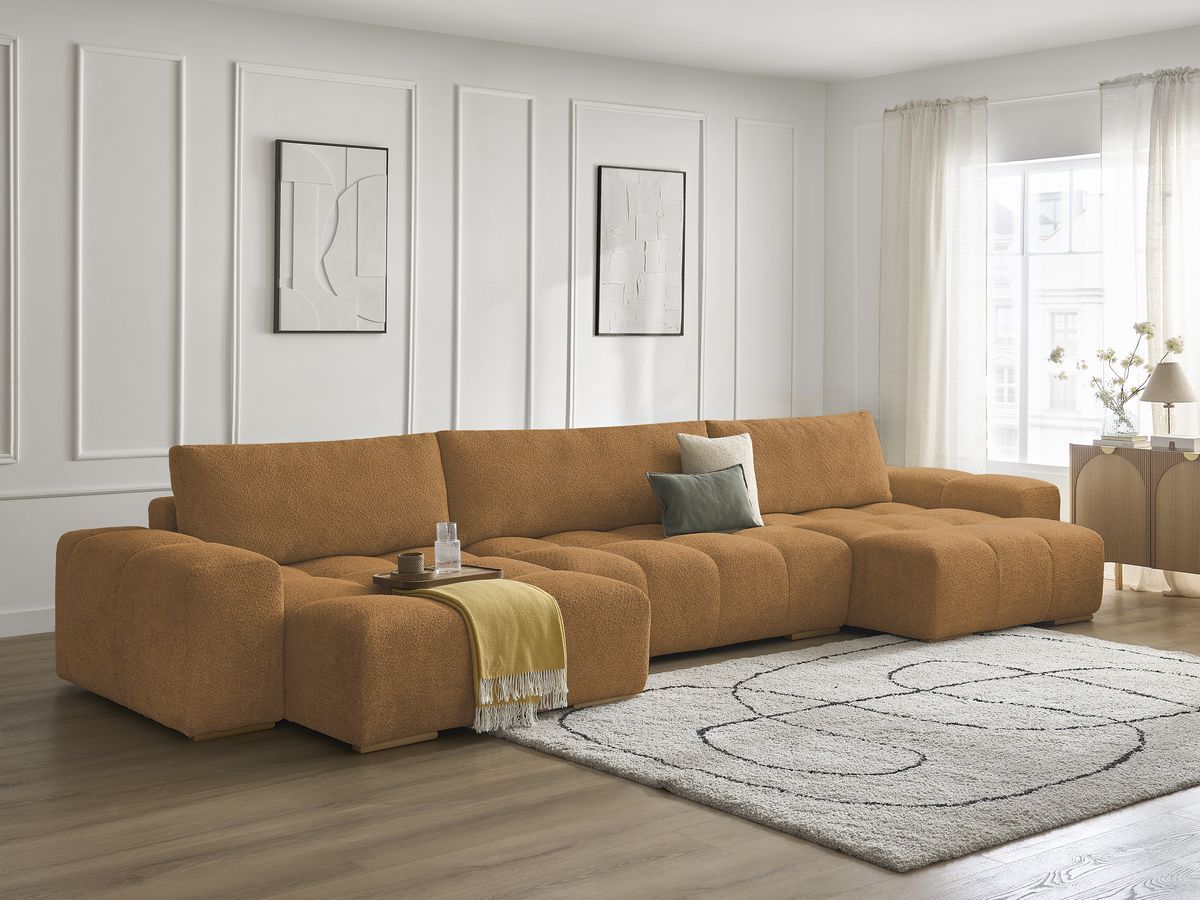 Bobochic Anakin Wohnlandschaft, Liegefläche 137 × 382 cm, 3 Kissen Bouclé-Stoff Gelb
