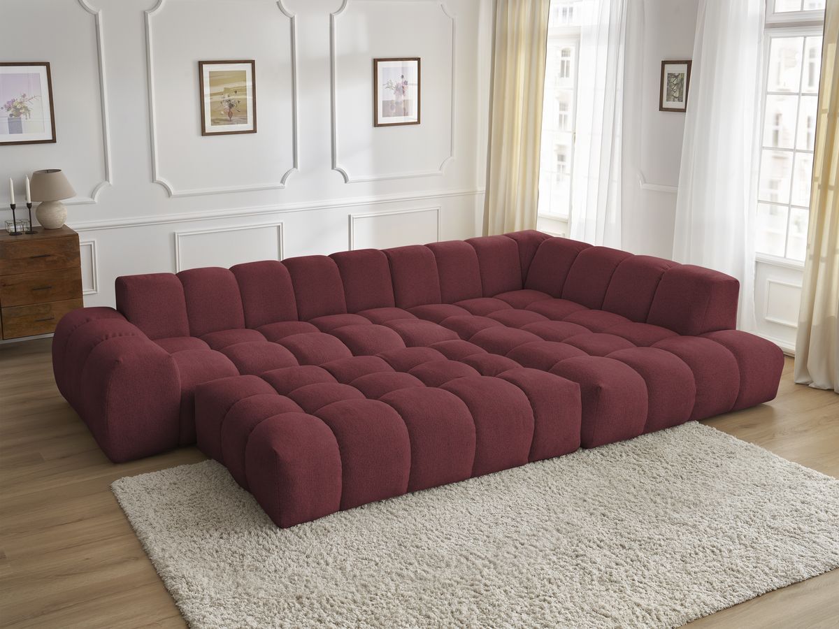 Bobochic Everest Ecksofa mit Schlaffunktion und Pouf, 4 Kissen Melange-Stoff Rot Ecke rechts