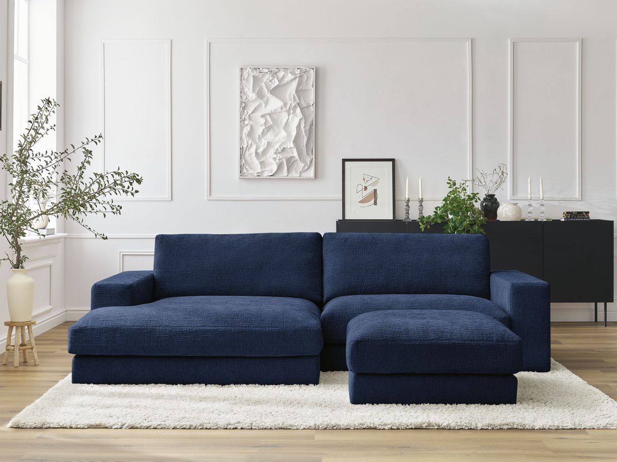 Bobochic Leonard Ecksofa mit Pouf 274 × 159 cm Strukturstoff Dunkelblau Ecke links