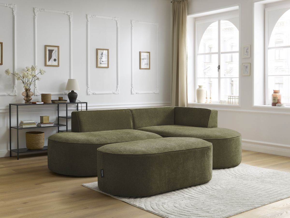 Bobochic Rousseau Ecksofa mit Pouf Strukturstoff Grün Ecke rechts