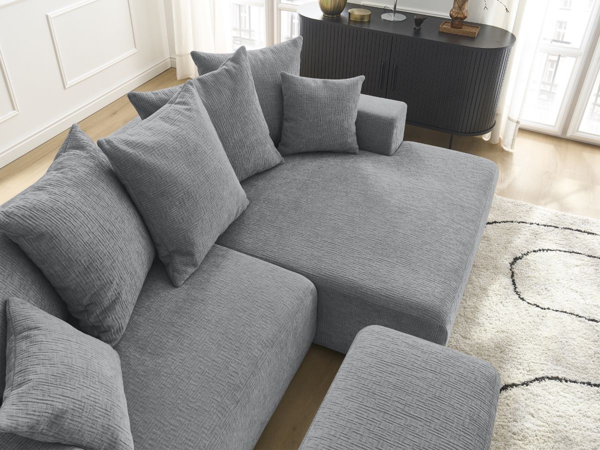 Bobochic Atilla Ecksofa mit Schlaffunktion und Bettkasten und Pouf Strukturstoff Dunkelgrau Ecke rechts